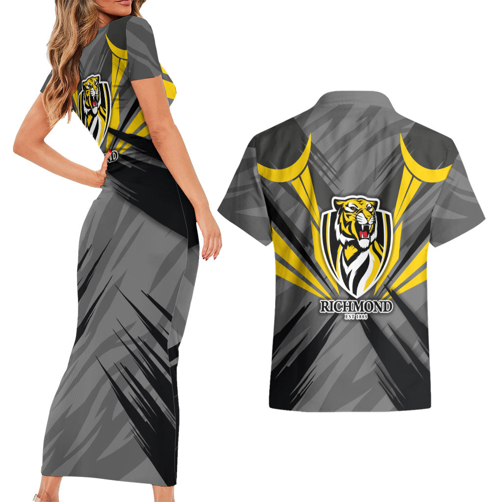 Richmond Tigers Australian Football Couples Matching Short Sleeve Bodycon Dress and Hawaiian Shirt Fierce Tiger Mascot - Bold Team Colors