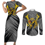 Richmond Tigers Australian Football Couples Matching Short Sleeve Bodycon Dress and Long Sleeve Button Shirt Fierce Tiger Mascot - Bold Team Colors