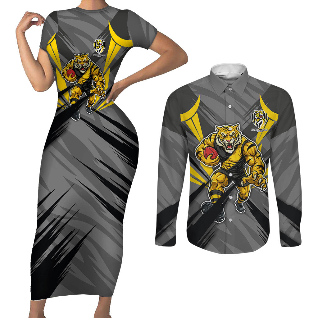 Richmond Tigers Australian Football Couples Matching Short Sleeve Bodycon Dress and Long Sleeve Button Shirt Fierce Tiger Mascot - Bold Team Colors