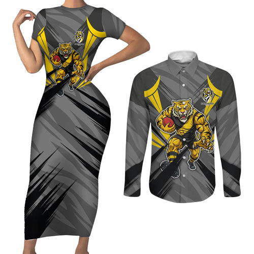 Richmond Tigers Australian Football Couples Matching Short Sleeve Bodycon Dress and Long Sleeve Button Shirt Fierce Tiger Mascot - Bold Team Colors