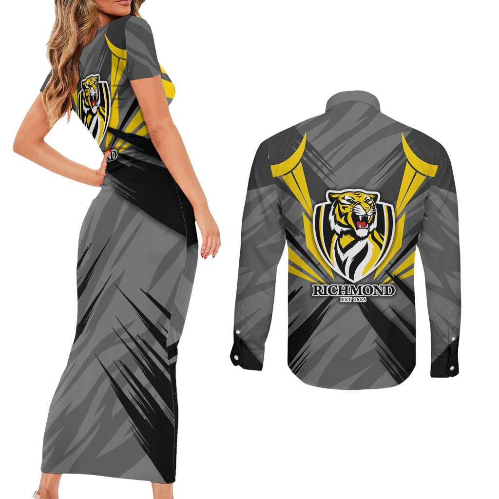 Richmond Tigers Australian Football Couples Matching Short Sleeve Bodycon Dress and Long Sleeve Button Shirt Fierce Tiger Mascot - Bold Team Colors
