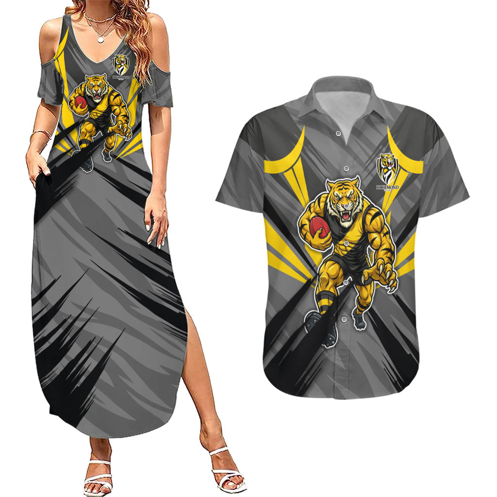 Richmond Tigers Australian Football Couples Matching Summer Maxi Dress and Hawaiian Shirt Fierce Tiger Mascot - Bold Team Colors