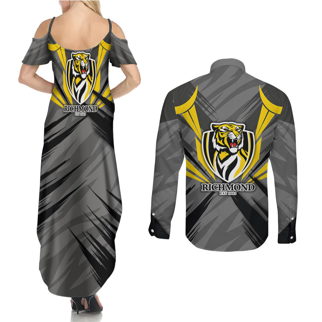 Richmond Tigers Australian Football Couples Matching Summer Maxi Dress and Long Sleeve Button Shirt Fierce Tiger Mascot - Bold Team Colors