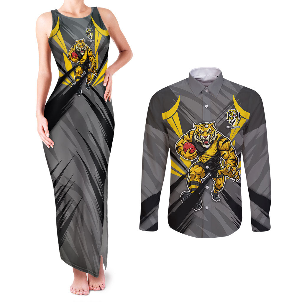 Richmond Tigers Australian Football Couples Matching Tank Maxi Dress and Long Sleeve Button Shirt Fierce Tiger Mascot - Bold Team Colors