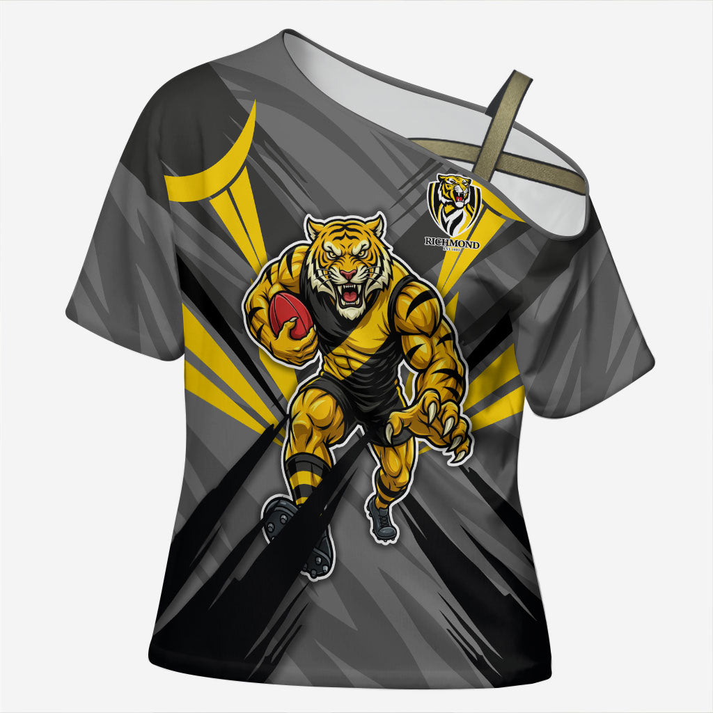 Richmond Tigers Australian Football Cross Shoulder Shirt Fierce Tiger Mascot - Bold Team Colors