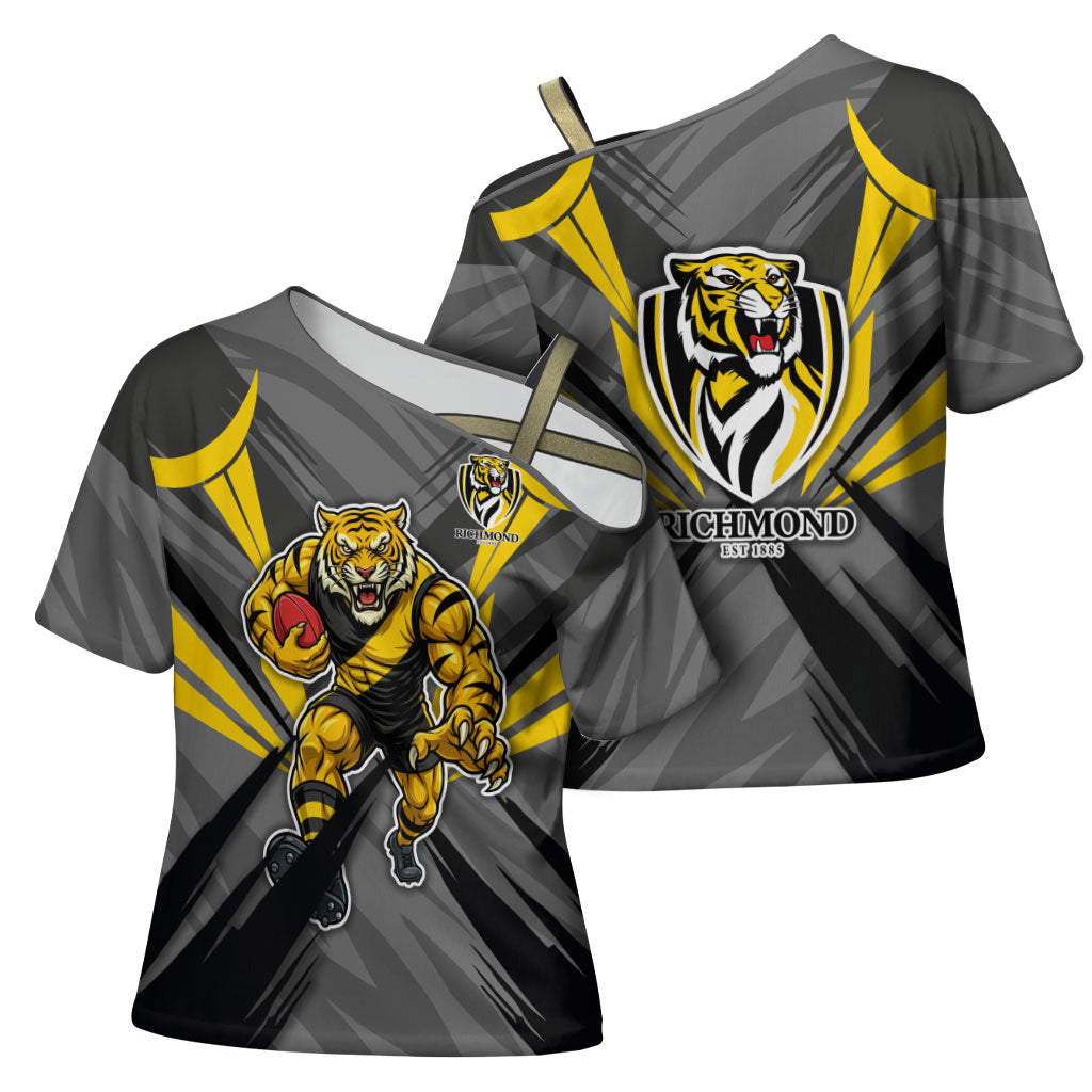 Richmond Tigers Australian Football Cross Shoulder Shirt Fierce Tiger Mascot - Bold Team Colors