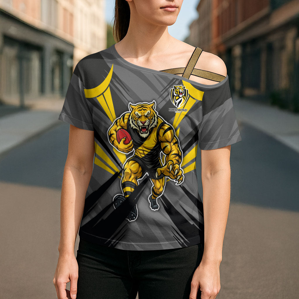 Richmond Tigers Australian Football Cross Shoulder Shirt Fierce Tiger Mascot - Bold Team Colors