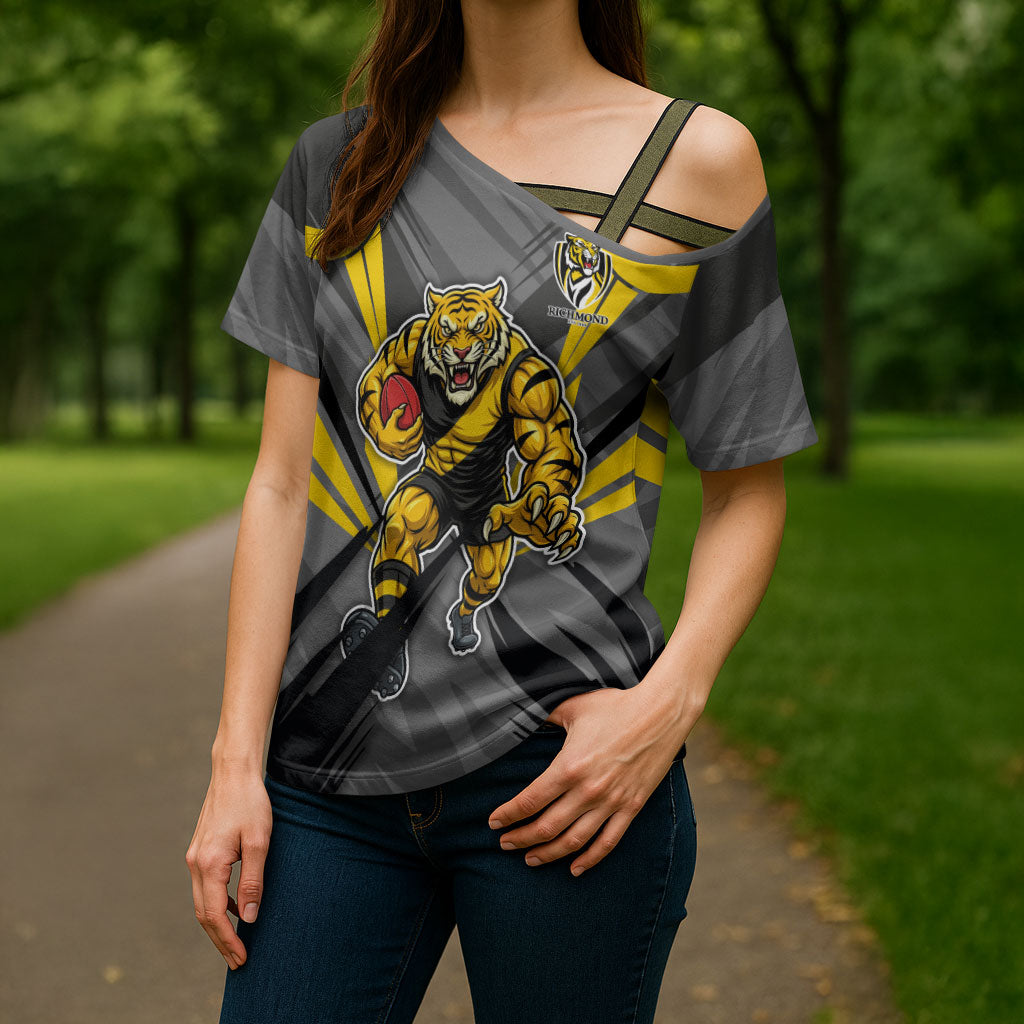 Richmond Tigers Australian Football Cross Shoulder Shirt Fierce Tiger Mascot - Bold Team Colors