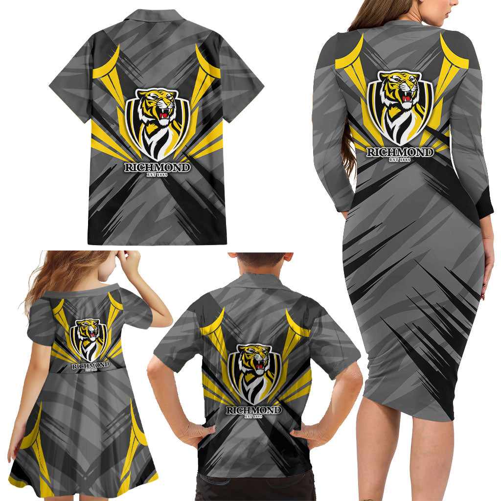 Richmond Tigers Australian Football Family Matching Long Sleeve Bodycon Dress and Hawaiian Shirt Fierce Tiger Mascot - Bold Team Colors