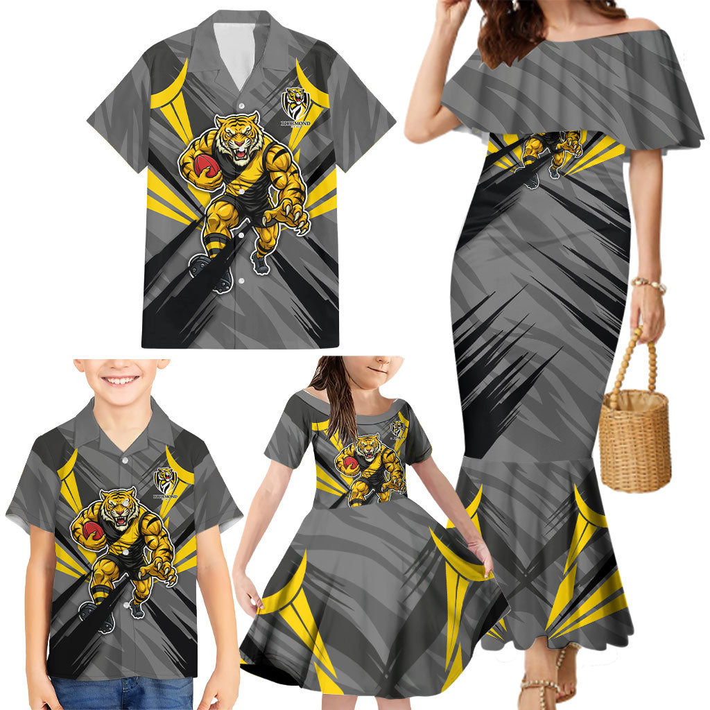 Richmond Tigers Australian Football Family Matching Mermaid Dress and Hawaiian Shirt Fierce Tiger Mascot - Bold Team Colors