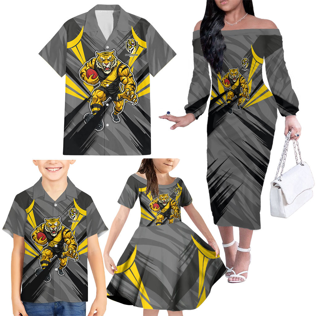 Richmond Tigers Australian Football Family Matching Off The Shoulder Long Sleeve Dress and Hawaiian Shirt Fierce Tiger Mascot - Bold Team Colors