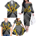 Richmond Tigers Australian Football Family Matching Off The Shoulder Long Sleeve Dress and Hawaiian Shirt Fierce Tiger Mascot - Bold Team Colors