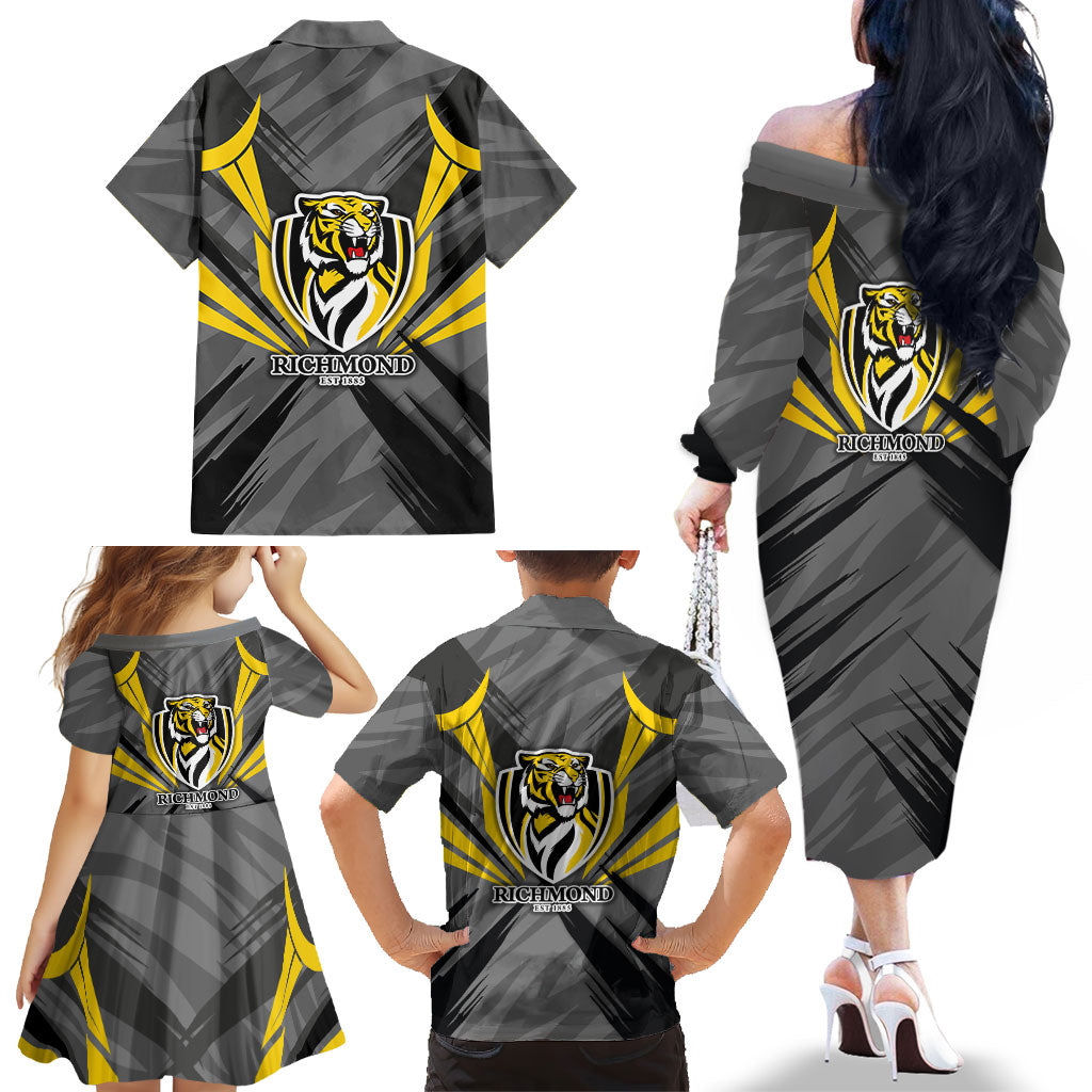 Richmond Tigers Australian Football Family Matching Off The Shoulder Long Sleeve Dress and Hawaiian Shirt Fierce Tiger Mascot - Bold Team Colors