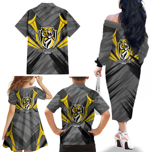 Richmond Tigers Australian Football Family Matching Off The Shoulder Long Sleeve Dress and Hawaiian Shirt Fierce Tiger Mascot - Bold Team Colors