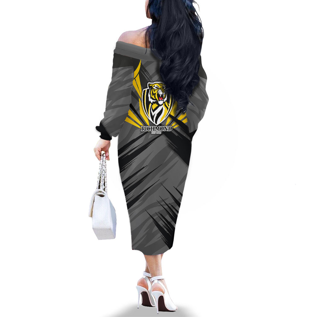 Richmond Tigers Australian Football Family Matching Off The Shoulder Long Sleeve Dress and Hawaiian Shirt Fierce Tiger Mascot - Bold Team Colors