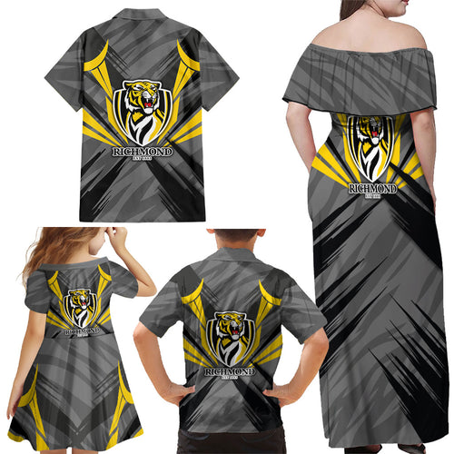 Richmond Tigers Australian Football Family Matching Off Shoulder Maxi Dress and Hawaiian Shirt Fierce Tiger Mascot - Bold Team Colors