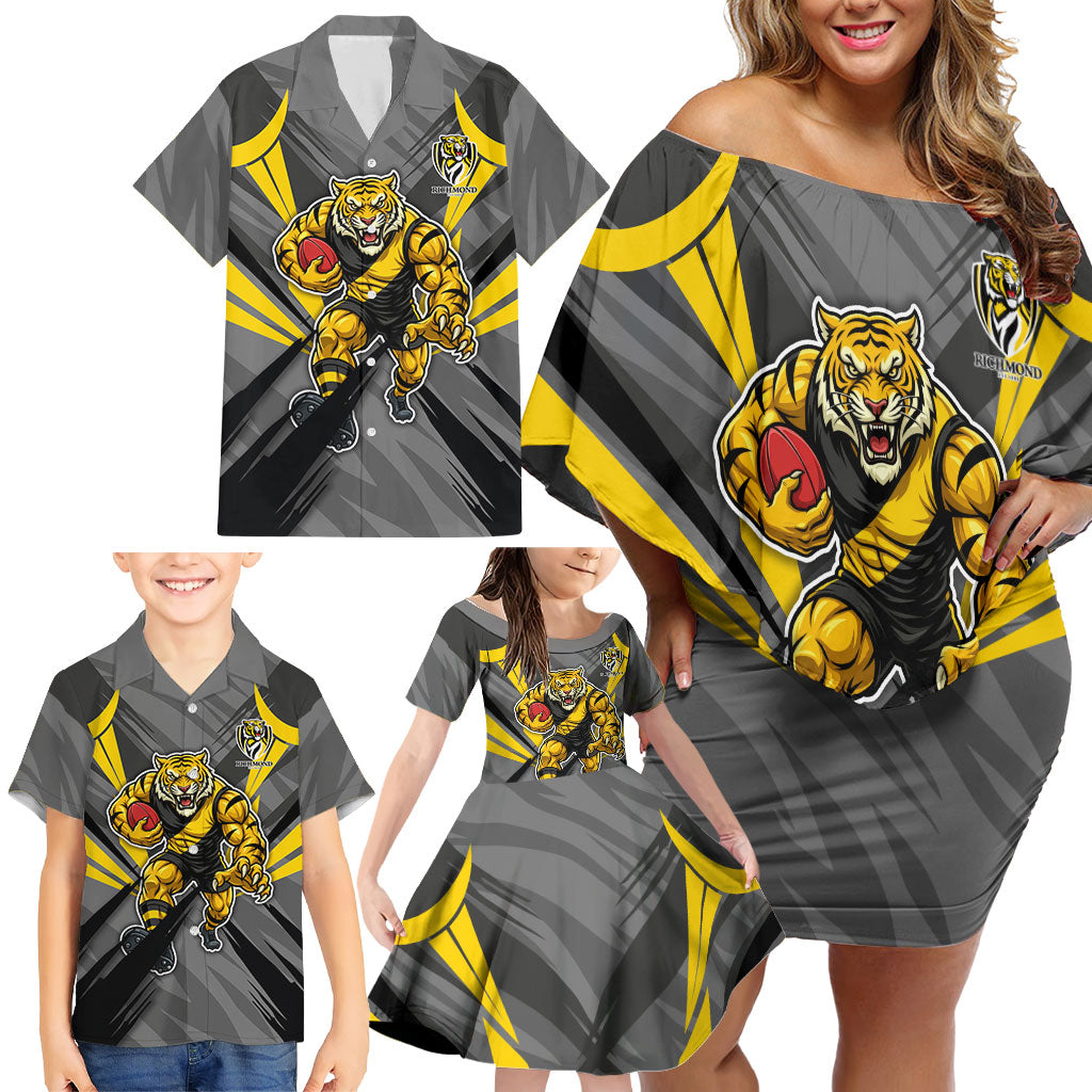 Richmond Tigers Australian Football Family Matching Off Shoulder Short Dress and Hawaiian Shirt Fierce Tiger Mascot - Bold Team Colors