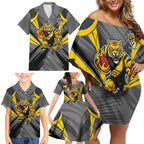 Richmond Tigers Australian Football Family Matching Off Shoulder Short Dress and Hawaiian Shirt Fierce Tiger Mascot - Bold Team Colors