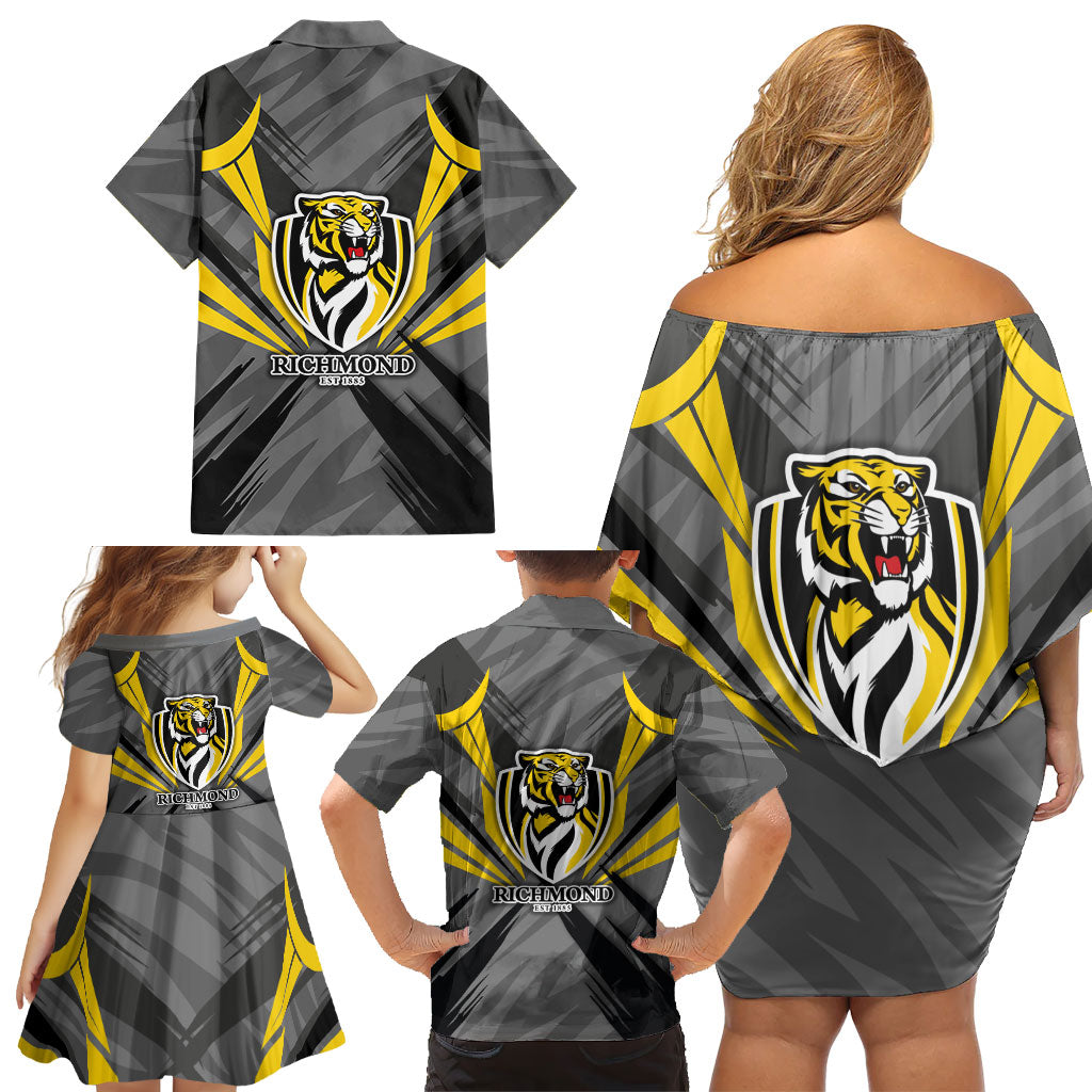 Richmond Tigers Australian Football Family Matching Off Shoulder Short Dress and Hawaiian Shirt Fierce Tiger Mascot - Bold Team Colors