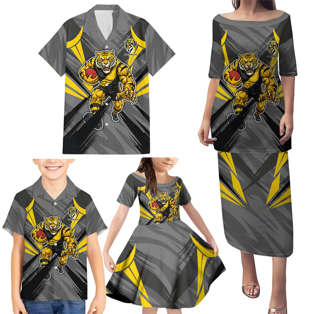 Richmond Tigers Australian Football Family Matching Puletasi and Hawaiian Shirt Fierce Tiger Mascot - Bold Team Colors