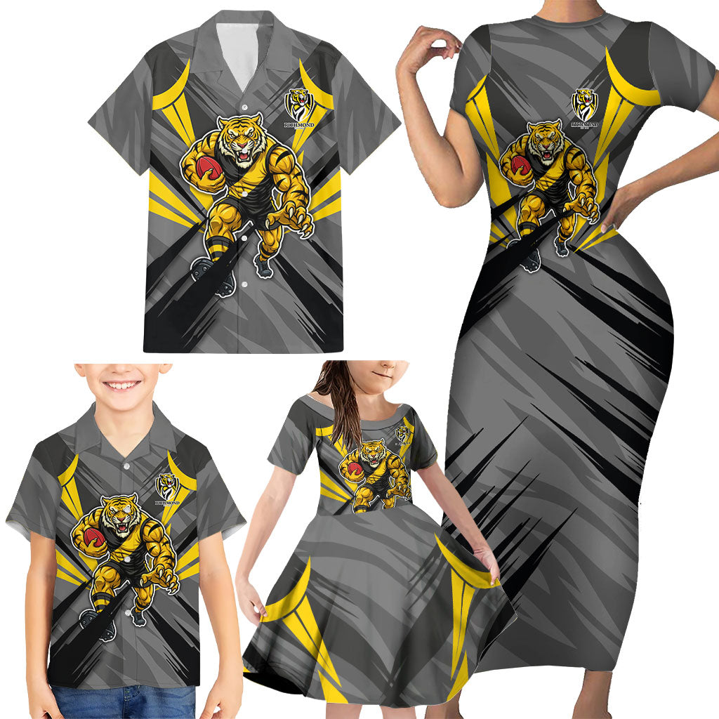 Richmond Tigers Australian Football Family Matching Short Sleeve Bodycon Dress and Hawaiian Shirt Fierce Tiger Mascot - Bold Team Colors