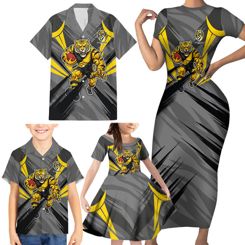 Richmond Tigers Australian Football Family Matching Short Sleeve Bodycon Dress and Hawaiian Shirt Fierce Tiger Mascot - Bold Team Colors