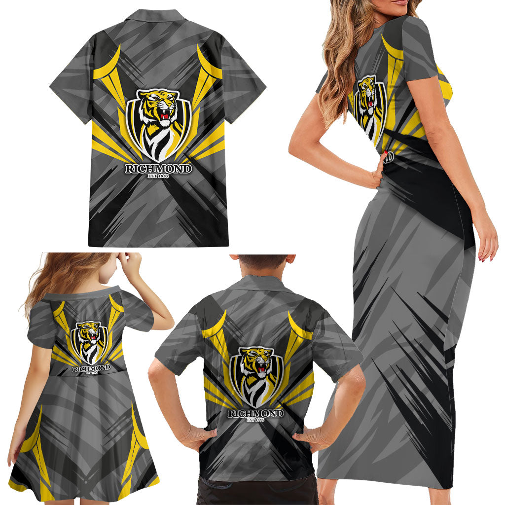 Richmond Tigers Australian Football Family Matching Short Sleeve Bodycon Dress and Hawaiian Shirt Fierce Tiger Mascot - Bold Team Colors