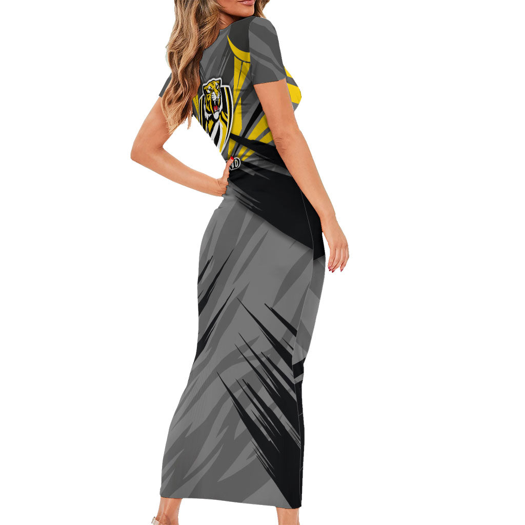 Richmond Tigers Australian Football Family Matching Short Sleeve Bodycon Dress and Hawaiian Shirt Fierce Tiger Mascot - Bold Team Colors