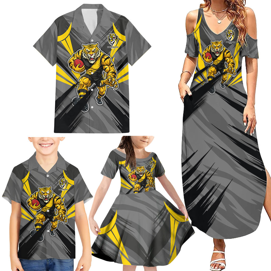 Richmond Tigers Australian Football Family Matching Summer Maxi Dress and Hawaiian Shirt Fierce Tiger Mascot - Bold Team Colors