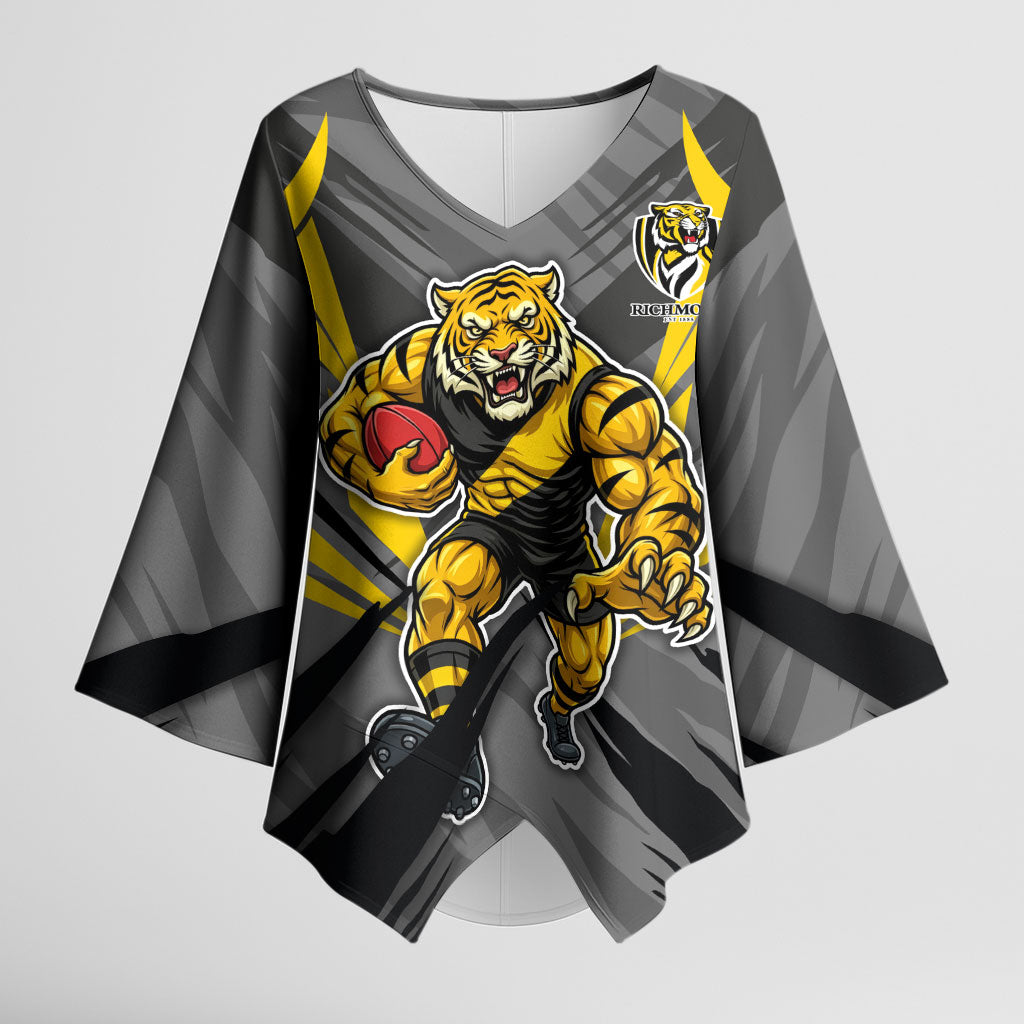 Richmond Tigers Australian Football Kimono Sleeve Blouse Fierce Tiger Mascot - Bold Team Colors