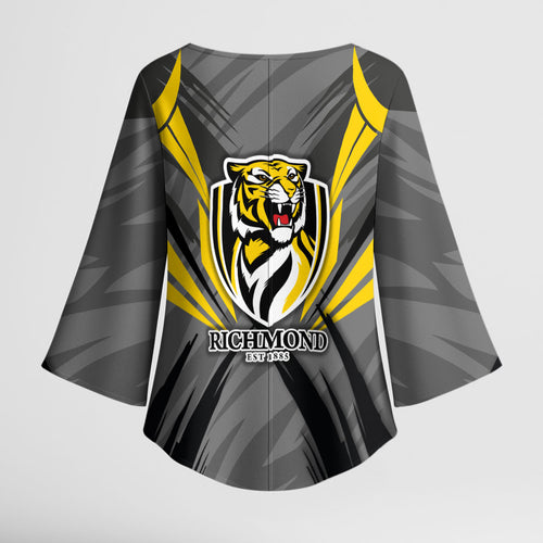 Richmond Tigers Australian Football Kimono Sleeve Blouse Fierce Tiger Mascot - Bold Team Colors