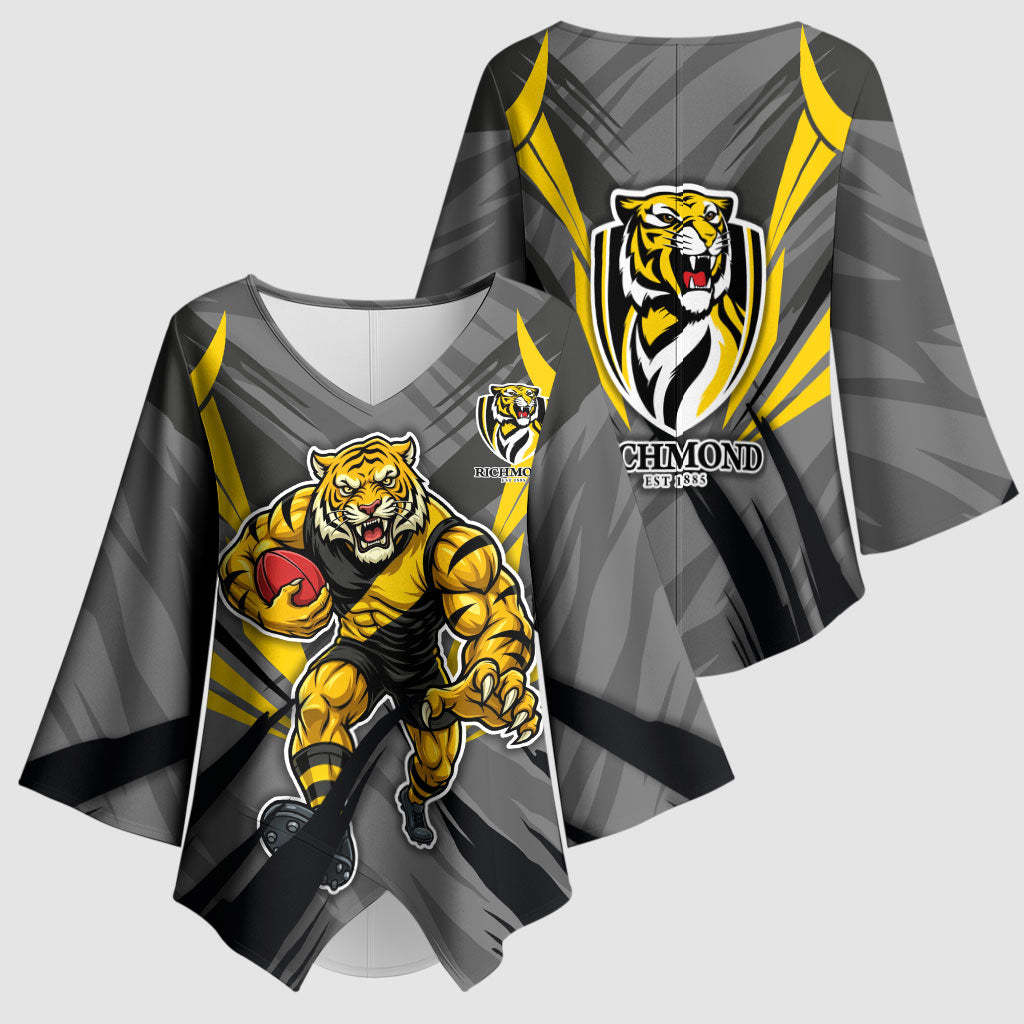 Richmond Tigers Australian Football Kimono Sleeve Blouse Fierce Tiger Mascot - Bold Team Colors
