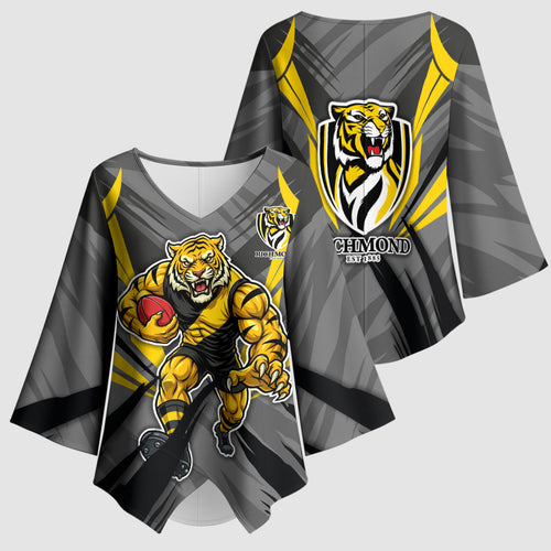 Richmond Tigers Australian Football Kimono Sleeve Blouse Fierce Tiger Mascot - Bold Team Colors