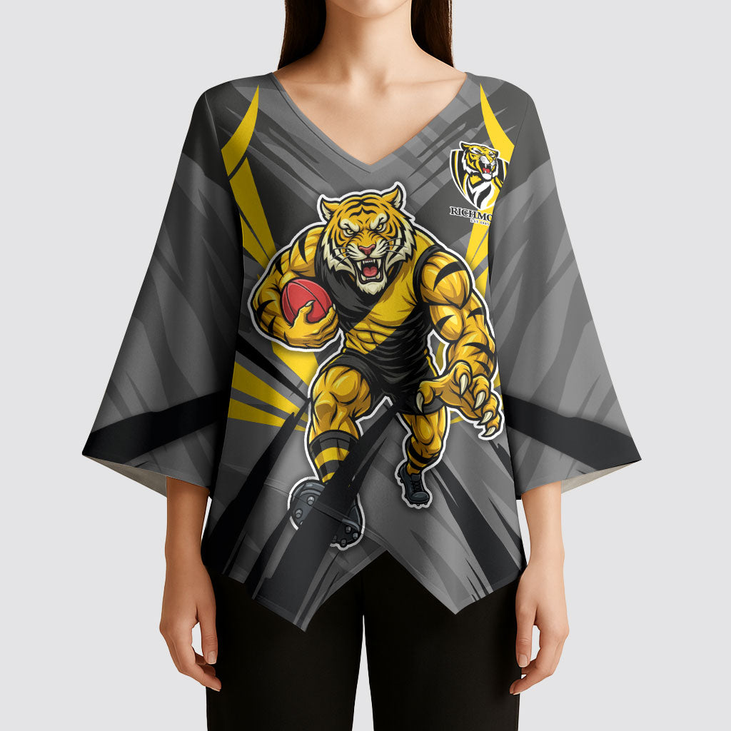 Richmond Tigers Australian Football Kimono Sleeve Blouse Fierce Tiger Mascot - Bold Team Colors