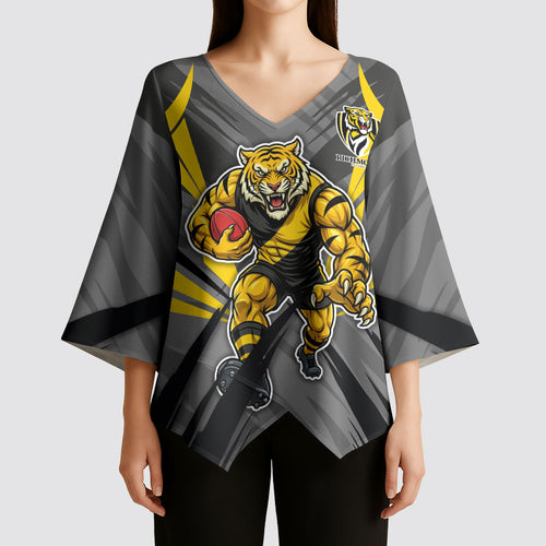 Richmond Tigers Australian Football Kimono Sleeve Blouse Fierce Tiger Mascot - Bold Team Colors