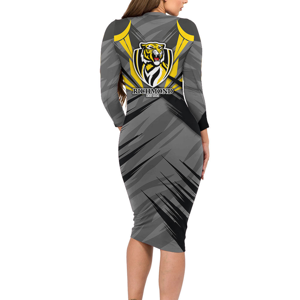 Richmond Tigers Australian Football Long Sleeve Bodycon Dress Fierce Tiger Mascot - Bold Team Colors