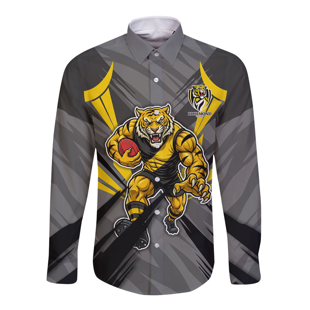 Richmond Tigers Australian Football Long Sleeve Button Shirt Fierce Tiger Mascot - Bold Team Colors