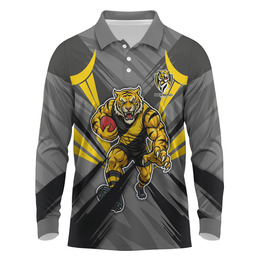 Richmond Tigers Australian Football Long Sleeve Polo Shirt Fierce Tiger Mascot - Bold Team Colors