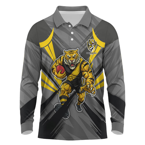 Richmond Tigers Australian Football Long Sleeve Polo Shirt Fierce Tiger Mascot - Bold Team Colors