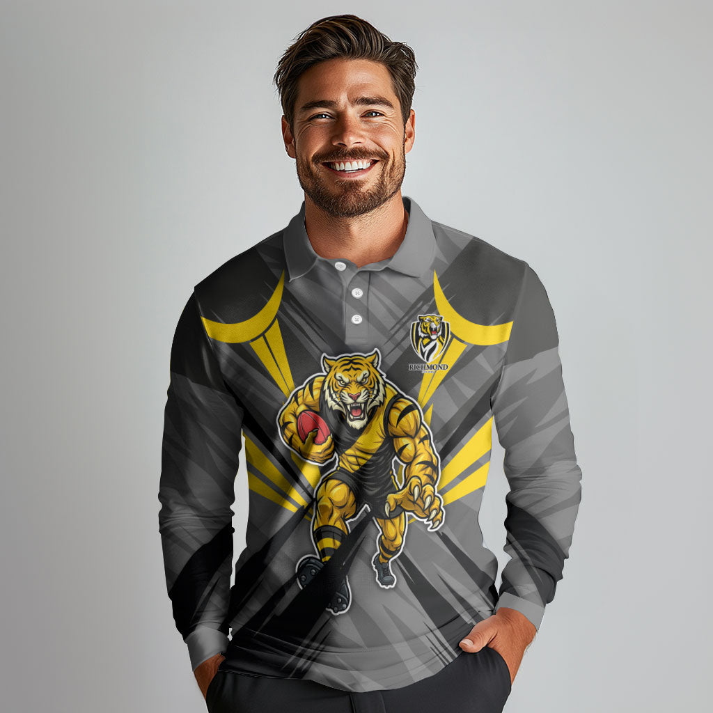 Richmond Tigers Australian Football Long Sleeve Polo Shirt Fierce Tiger Mascot - Bold Team Colors