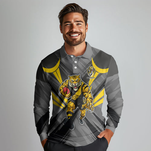 Richmond Tigers Australian Football Long Sleeve Polo Shirt Fierce Tiger Mascot - Bold Team Colors