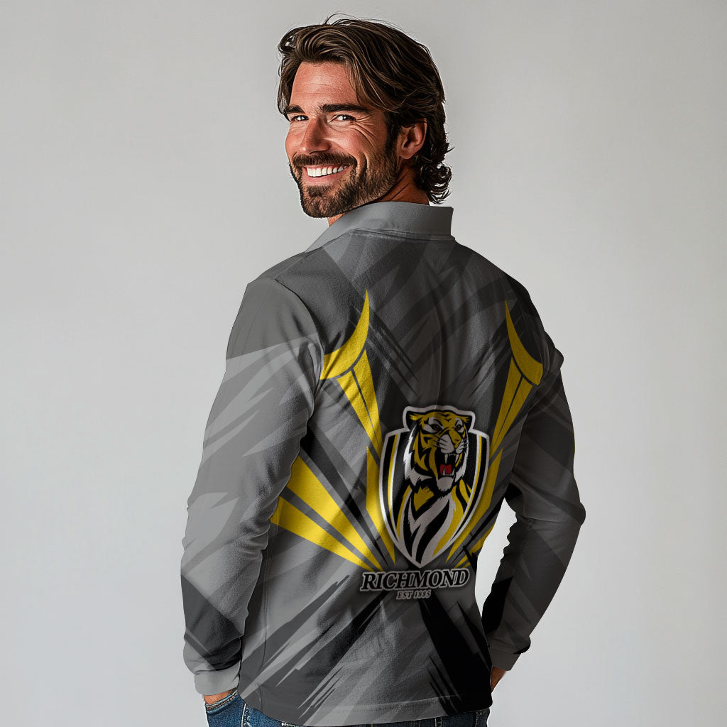Richmond Tigers Australian Football Long Sleeve Polo Shirt Fierce Tiger Mascot - Bold Team Colors