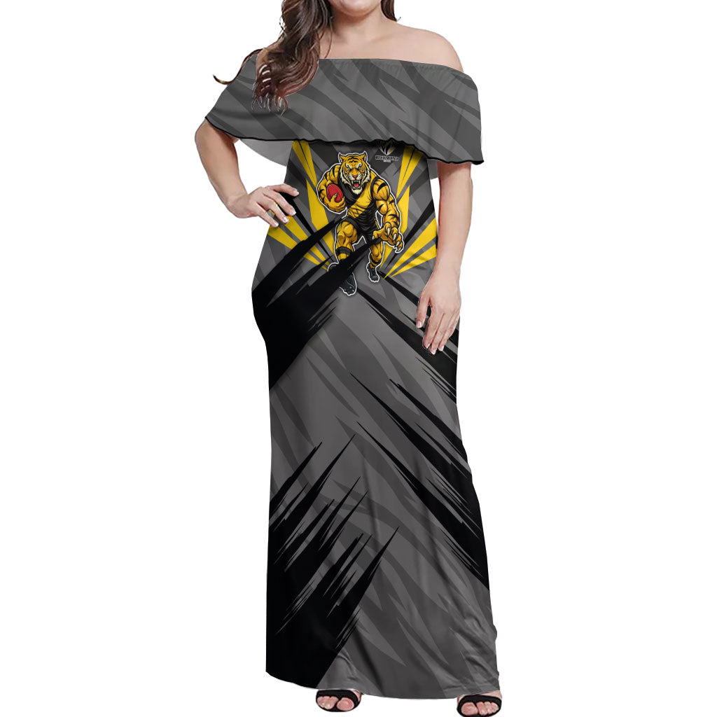 Richmond Tigers Australian Football Off Shoulder Maxi Dress Fierce Tiger Mascot - Bold Team Colors