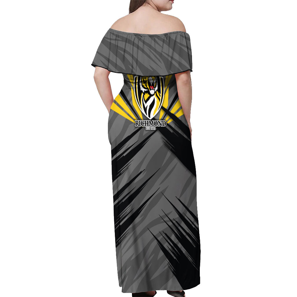 Richmond Tigers Australian Football Off Shoulder Maxi Dress Fierce Tiger Mascot - Bold Team Colors
