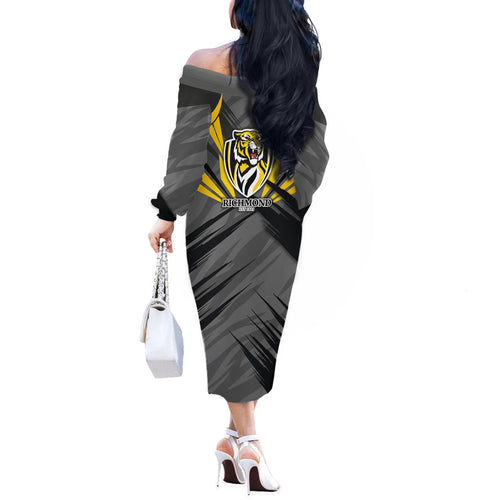 Richmond Tigers Australian Football Off The Shoulder Long Sleeve Dress Fierce Tiger Mascot - Bold Team Colors