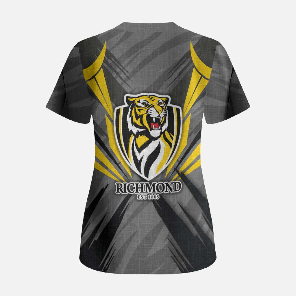 Richmond Tigers Australian Football Scrub Top Fierce Tiger Mascot - Bold Team Colors