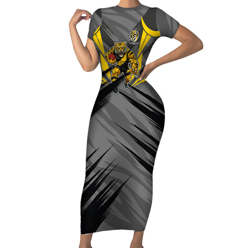 Richmond Tigers Australian Football Short Sleeve Bodycon Dress Fierce Tiger Mascot - Bold Team Colors