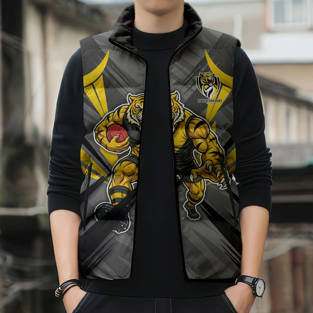 Richmond Tigers Australian Football Sleeveless Puffer Jacket Fierce Tiger Mascot - Bold Team Colors