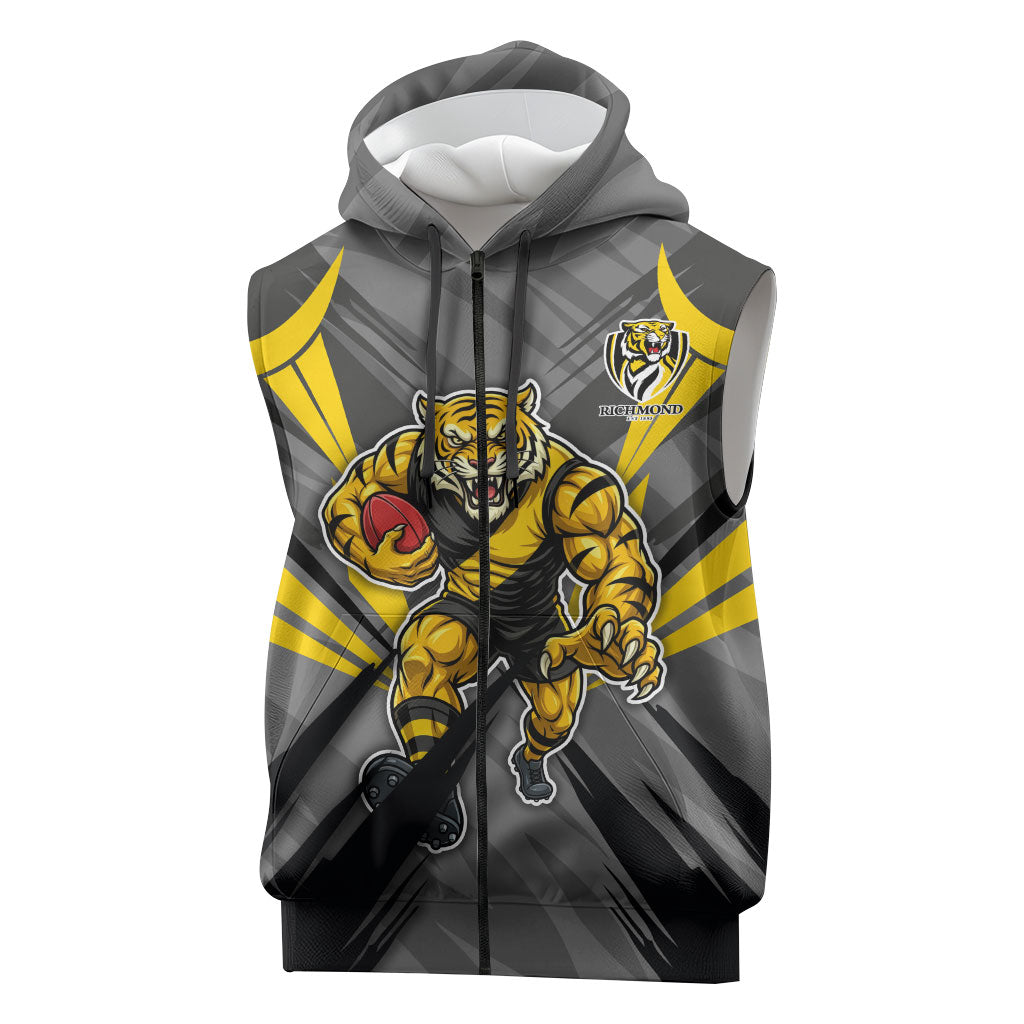 Richmond Tigers Australian Football Sleeveless Zip Hoodie Fierce Tiger Mascot - Bold Team Colors