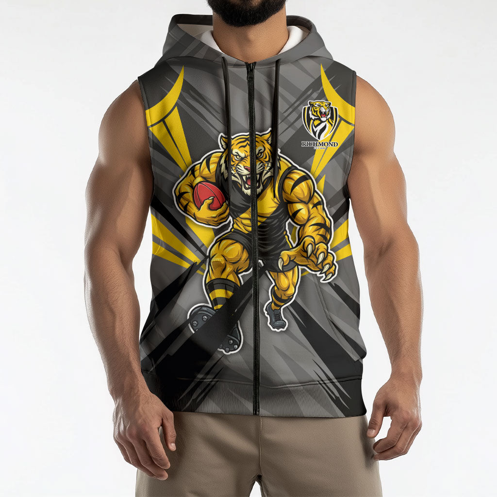 Richmond Tigers Australian Football Sleeveless Zip Hoodie Fierce Tiger Mascot - Bold Team Colors
